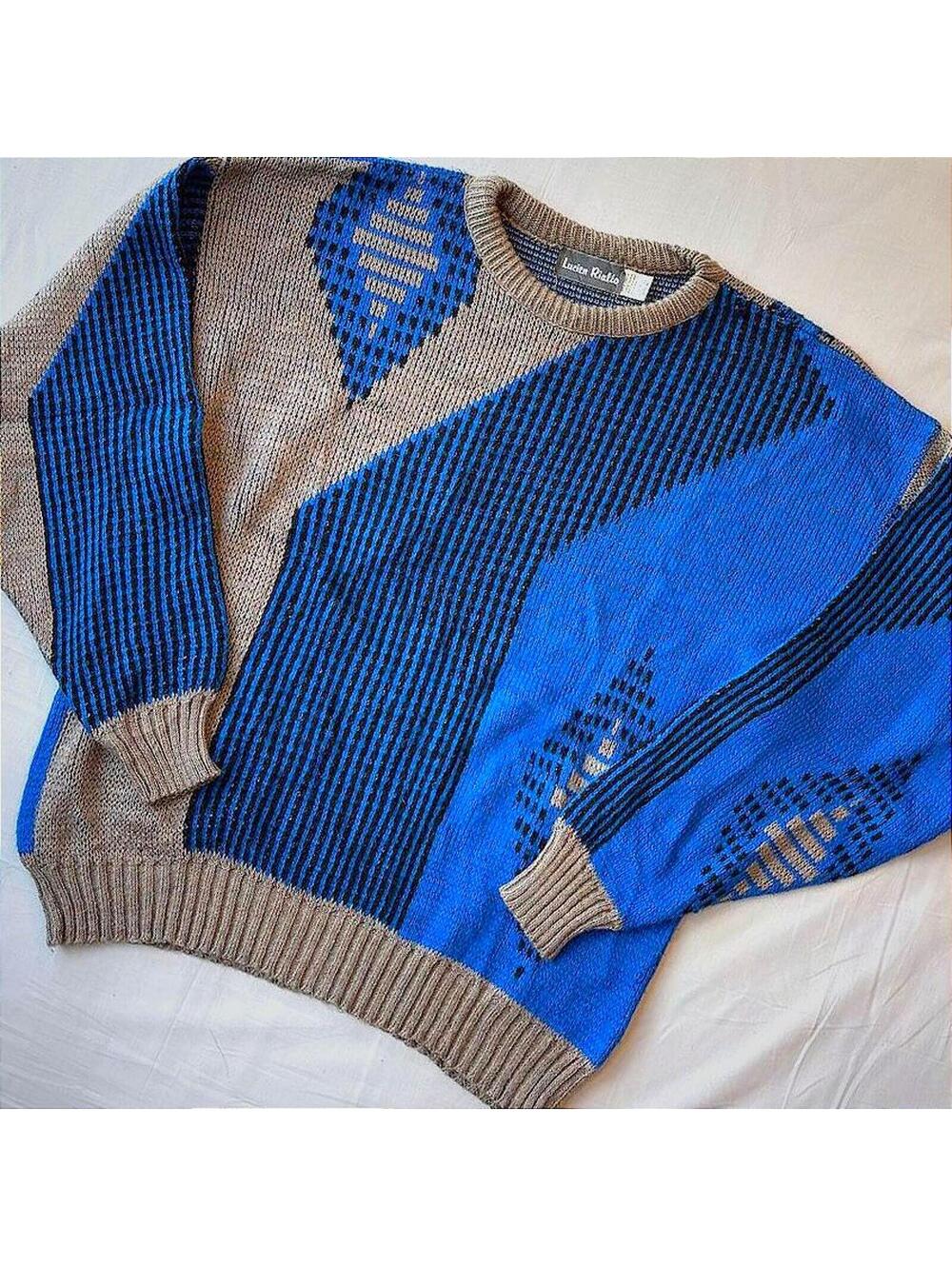 VTG 80s Lucien Rialto Color Block Textured Geometric Sweater Royal Blue Tan XL